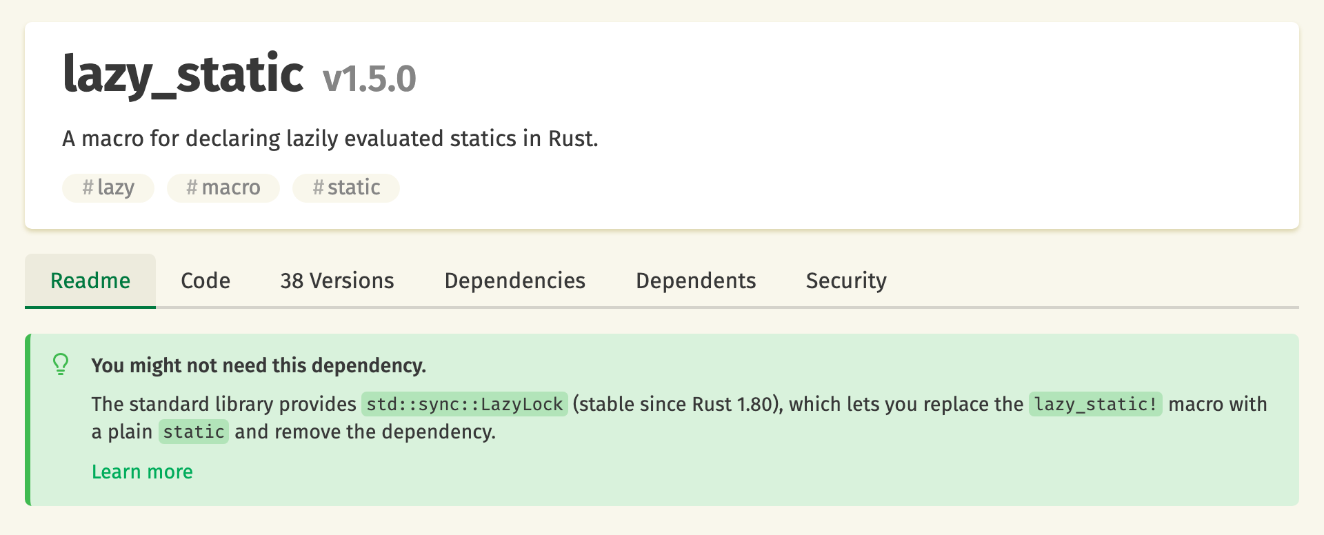 "You might not need this dependency" banner on the lazy_static crate page