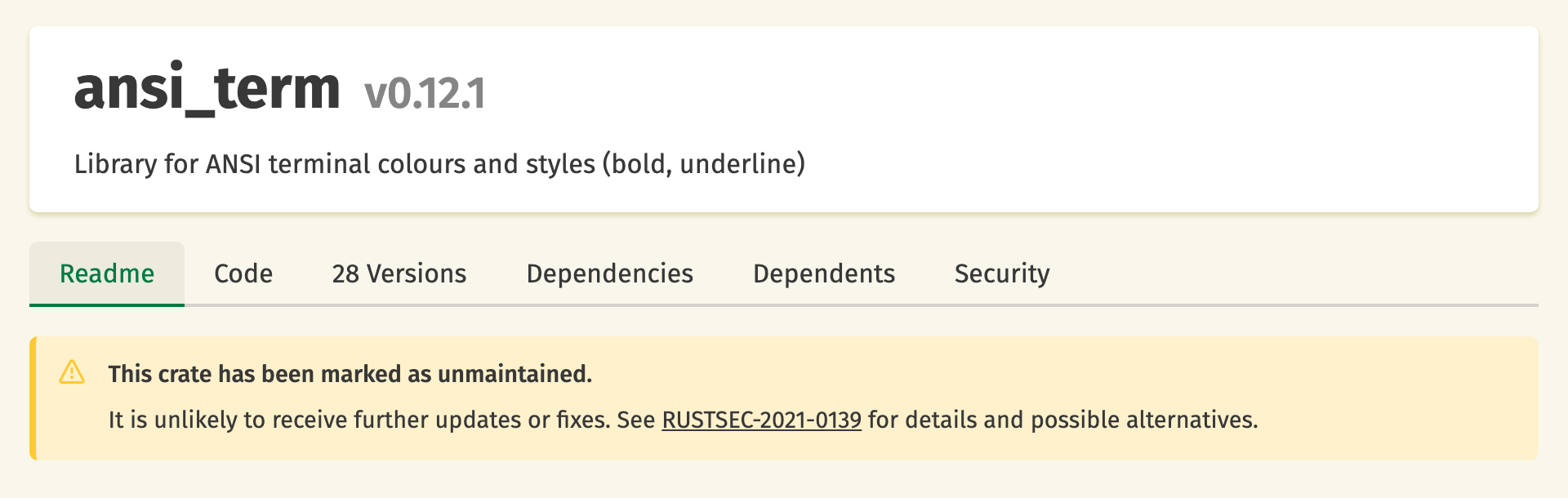 Unmaintained warning banner on the ansi_term crate page