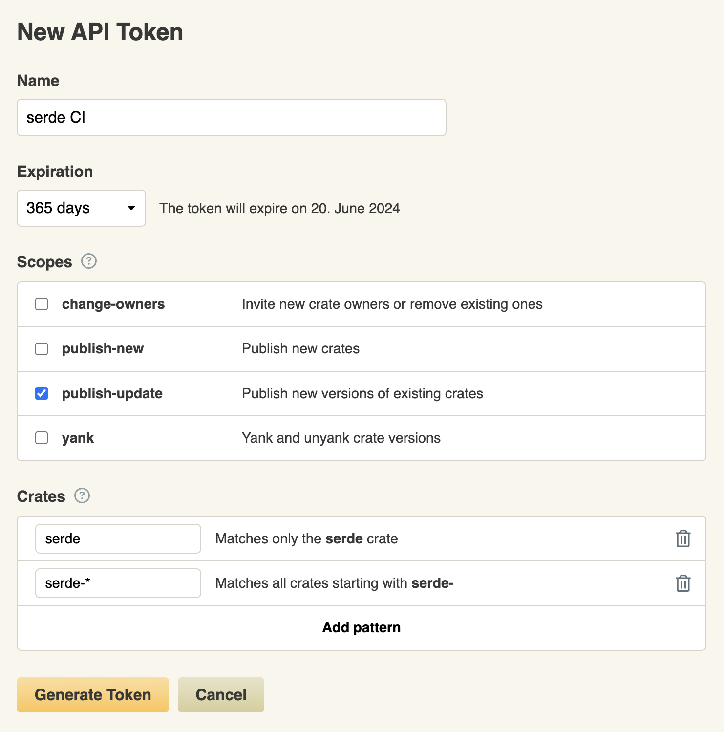 Screenshot of the "New API Token" page