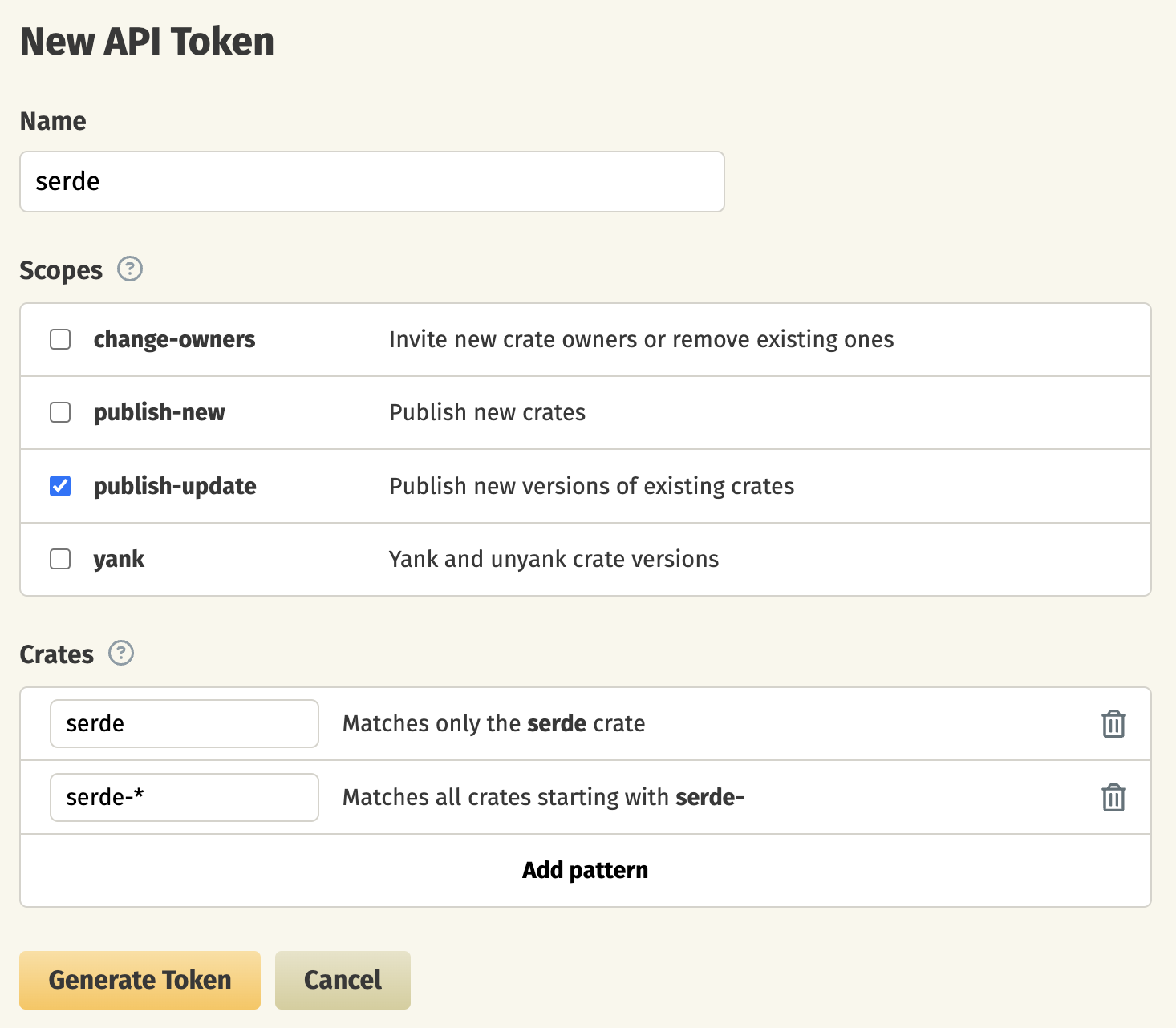 Screenshot of the "New API Token" page